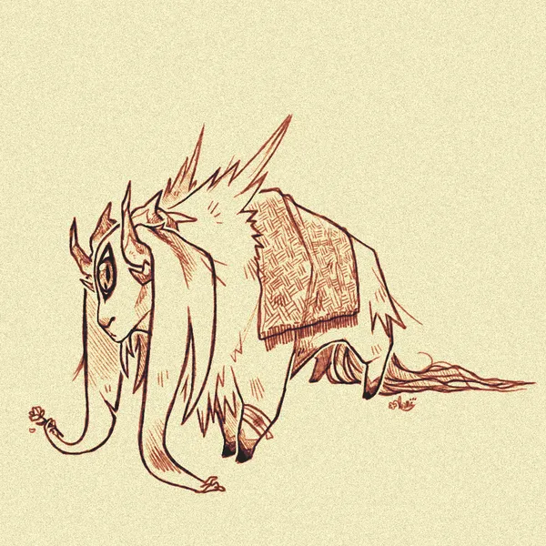 A naturalist style sketch image depicting a small goat-like Monster with a large single eye in the center of its head, two curved horns that point directly up, and long ears that end in prehensile fingers. The Monster is visibly slightly wounded, with a bandage on its ankle. On its back is a large blanket.
